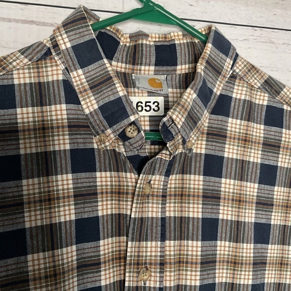 Carhartt Relaxed Fit Navy/Tan/Yellow Plaid Button Up Short Sleeve Shirt Men XXL